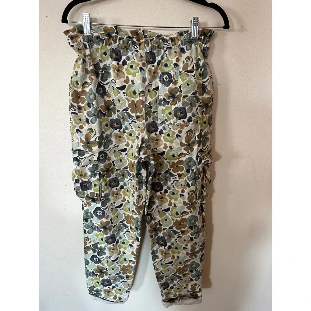 Free Assembly Floral Paperbag Waist Cargo Pants Olive Green Tan XL 14/16